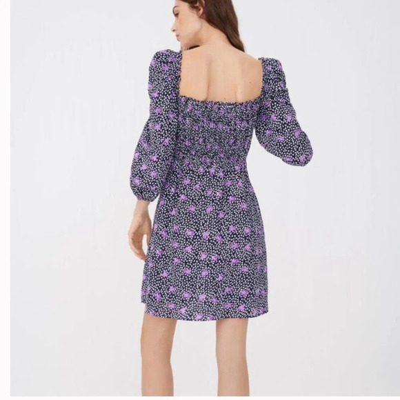 Maje Rappa Floral Print Smocked Puff Sleeve Dress Pockets Navy Purple Size M - Picture 3 of 14